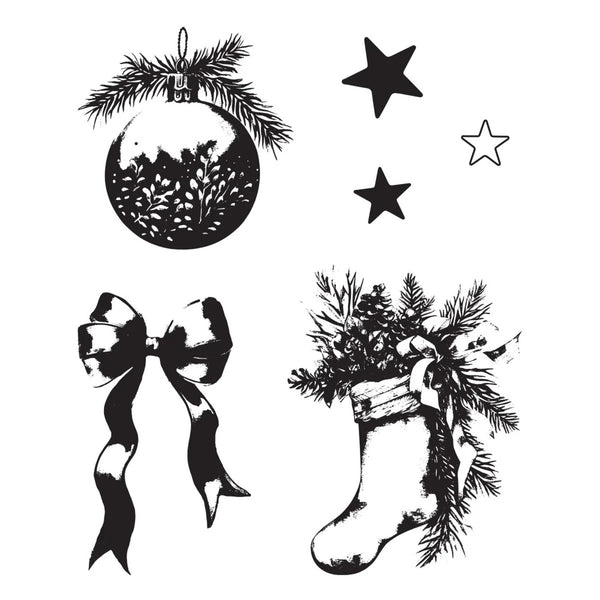 Black and white Christmas-themed graphic design elements on a white background, including a decorated ornament, three stars, a bow, and a Christmas stocking with pine branches.