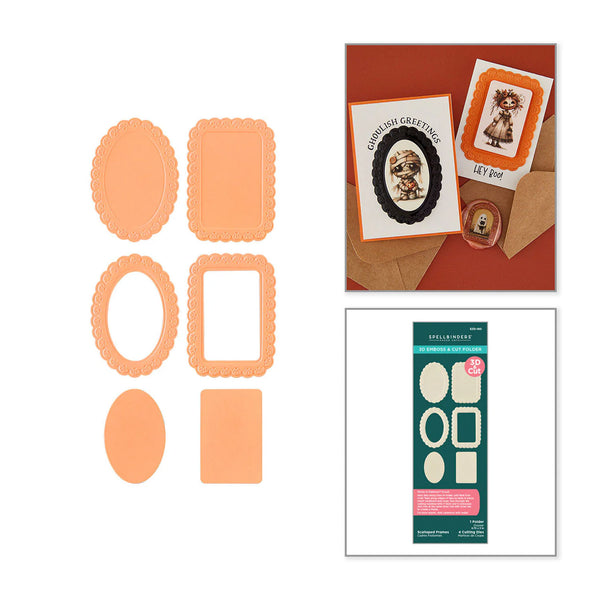 A craft die set shown on a white background, with six peach-colored paper-cut shapes on the left and two inset photos on the right demonstrating the finished card designs and packaging.