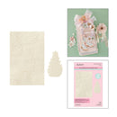 A craft embellishment set shown on a white background, including a square sheet of cream embossed floral applique, a matching tree-shaped cutout, and a pink retail package labeled Angelina Stellamaris 3D Cut Embressing Pouches & Die.