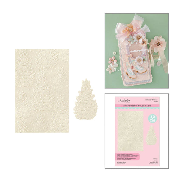 A craft embellishment set shown on a white background, including a square sheet of cream embossed floral applique, a matching tree-shaped cutout, and a pink retail package labeled Angelina Stellamaris 3D Cut Embressing Pouches & Die.