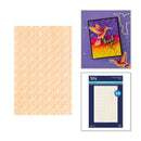 Three items shown on a white background: a square sheet of embossed peach-beige patterned material on the left, a colorful greeting card with hummingbirds and the words 'Thank you' on the upper right, and a package of embossed paper sheets on the lower right.