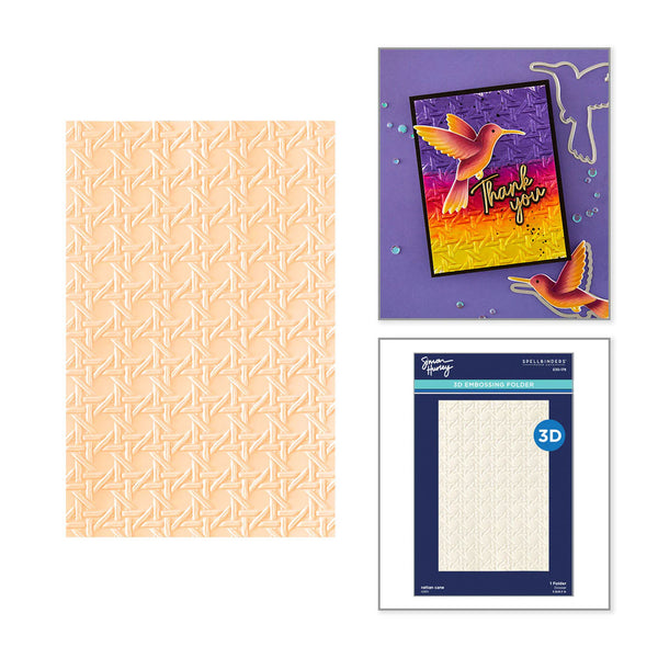 Three items shown on a white background: a square sheet of embossed peach-beige patterned material on the left, a colorful greeting card with hummingbirds and the words 'Thank you' on the upper right, and a package of embossed paper sheets on the lower right.