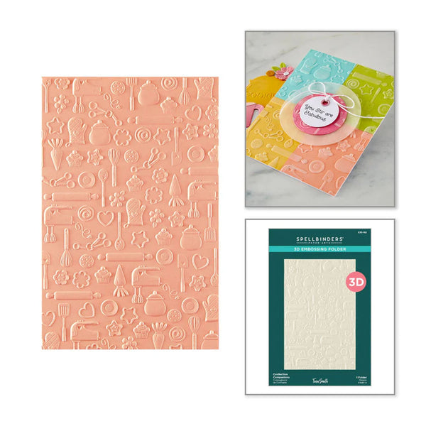 Embossed paper sheet with various patterns, a card with a pink die-cut shape, and Spellbinders packaging on a white background.
