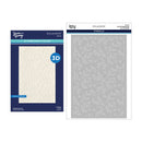 Spellbound 3D Embossing Folder and Stencils set by Sally's Handmade Crafts, featuring a navy blue folder package with a cream embossed sheet and a matching gray floral stencil sheet.