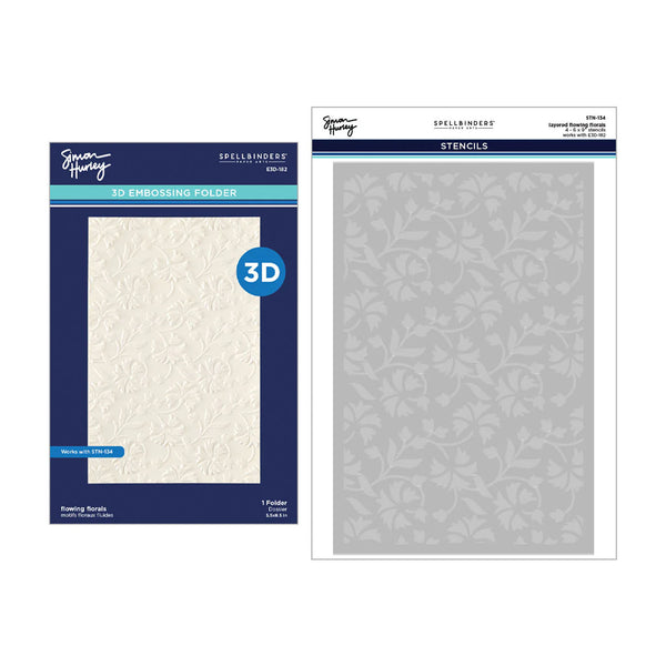 Spellbound 3D Embossing Folder and Stencils set by Sally's Handmade Crafts, featuring a navy blue folder package with a cream embossed sheet and a matching gray floral stencil sheet.