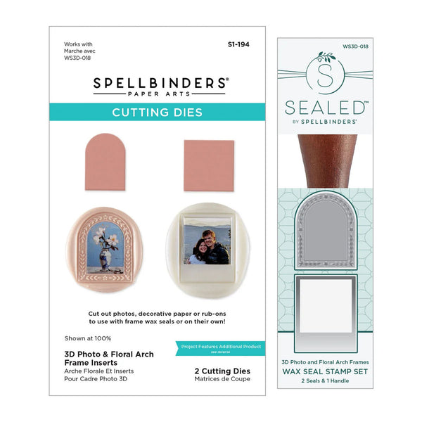 Spellbinders Paper Arts Cutting Dies product packaging and included components shown on a white background, including frame inserts, a wax seal stamp set box, and two die pieces.
