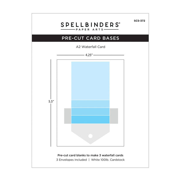 Spellbinders Paper Arts Pre-Cut Card Bases package for A2 Waterfall Cards, showing a diagram of the card base with dimensions 4.25 inches by 5.