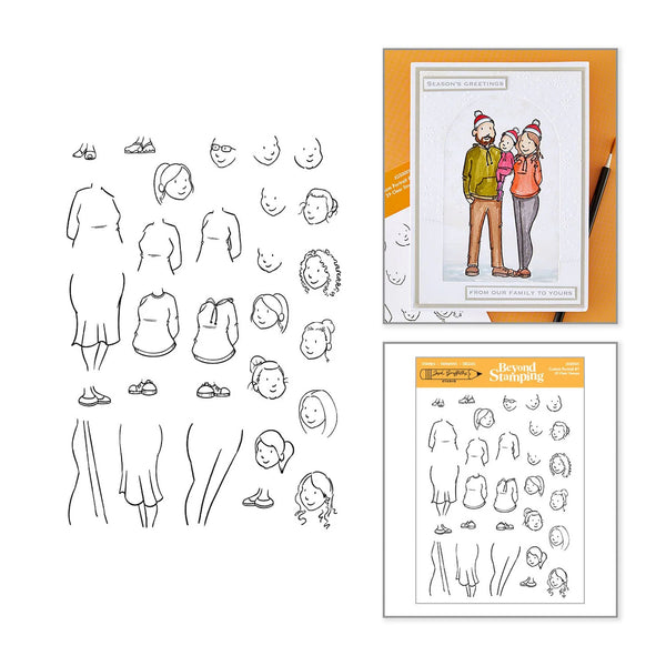 A clear stamp sheet and its packaging shown on a white background. The stamp features black line-art illustrations of faces, bodies, and clothing, with a sample printed design on the right showing a couple in winter clothes.