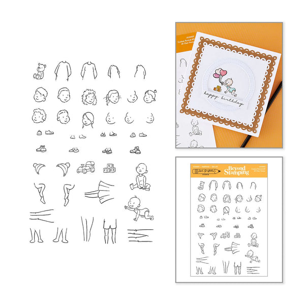 A craft sticker sheet set featuring black line-art body parts and assembly stickers, shown alongside a sample card decorated with the stickers and a branded Devon Stamper card in the corner.