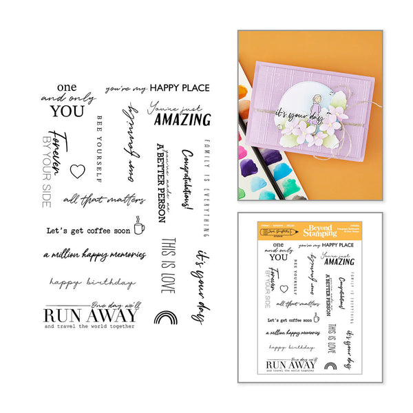 Clear stamp set sheet with multiple typographic and decorative phrases, shown alongside a decorated lavender card and a packaged stamp set on an orange background.