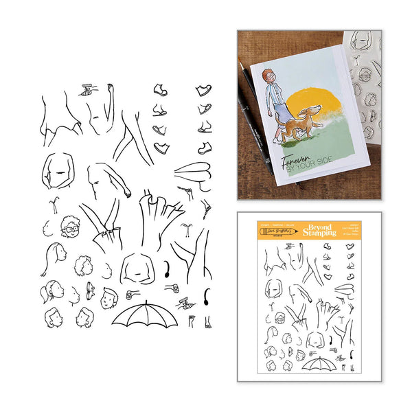 Clearing kit contents shown on a white background: a sheet of black line-art stamp designs, a sample card featuring a dog illustration, and another sheet/package labeled Around the Stormy Sea with more line-art motifs.