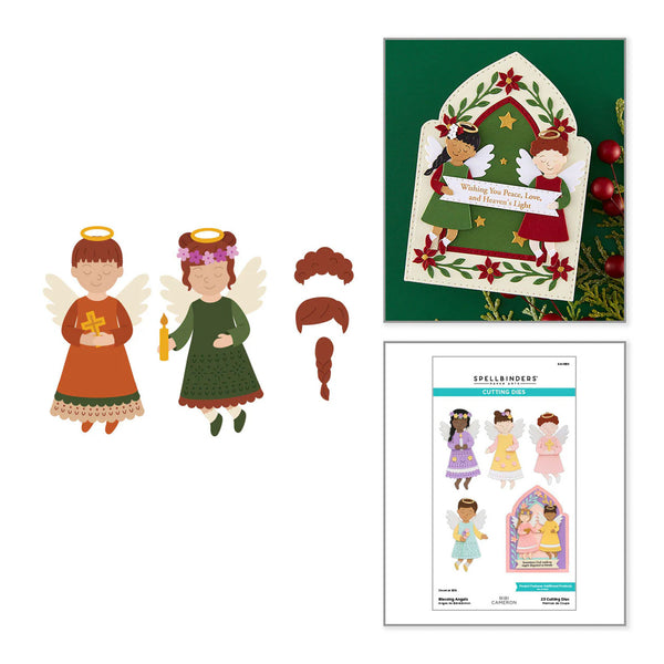 Christmas angel craft kit components and packaging shown on a white background, including flat angel cutouts, a decorated angel card, and a package sheet labeled Spellbound Christmas Arts.