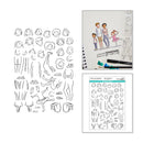 A sheet of black-and-white cartoon face and body outline stickers shown beside two example uses: one in a sketchbook with three drawn children and the text 'TOGETHER', and another packaged sheet labeled 'Halloween Party' with more body-outline stickers.