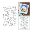 A sheet of clear stamp designs featuring black line drawings of woodland animals including deer, rabbits, squirrels, a beaver, a fox, and a bear, shown alongside a sample stamped card with a dog and cat and a packaged sheet of stamps.