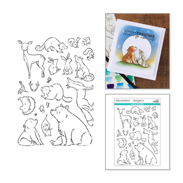 A sheet of clear stamp designs featuring black line drawings of woodland animals including deer, rabbits, squirrels, a beaver, a fox, and a bear, shown alongside a sample stamped card with a dog and cat and a packaged sheet of stamps.