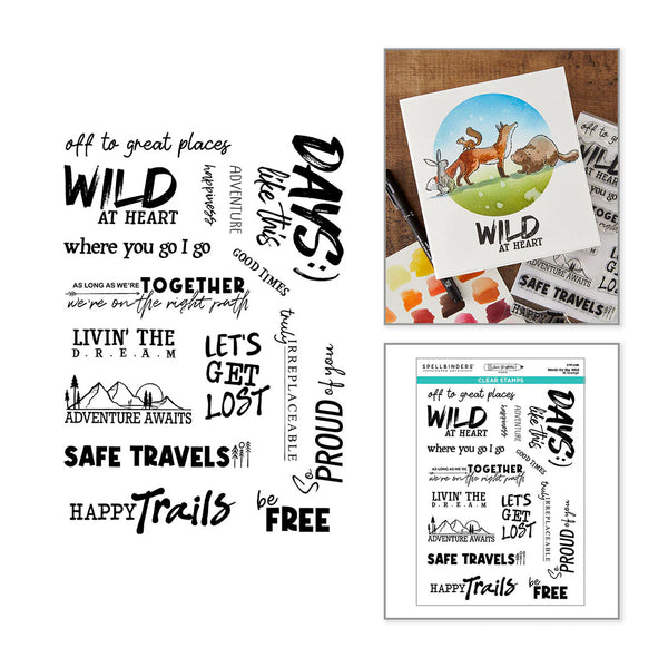 A collage showing a set of travel-themed rubber stamp designs on the left and two stamped sample cards on the right, one on a wood surface and one on a white background. The stamps feature phrases like 'WILD AT HEART,' 'SAFE TRAVELS,' 'HAPPY Trails be FREE,' and 'ADVENTURE AWAITS.
