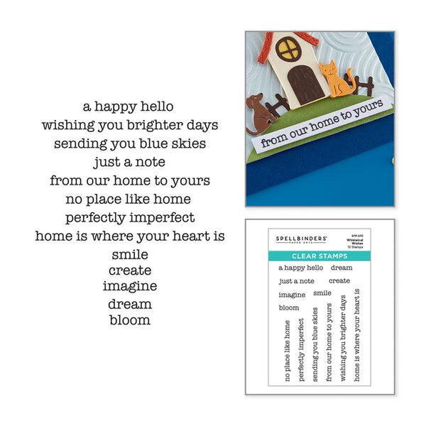 Greeting card with text and a small house illustration, featuring Spellbinders clear stamps.