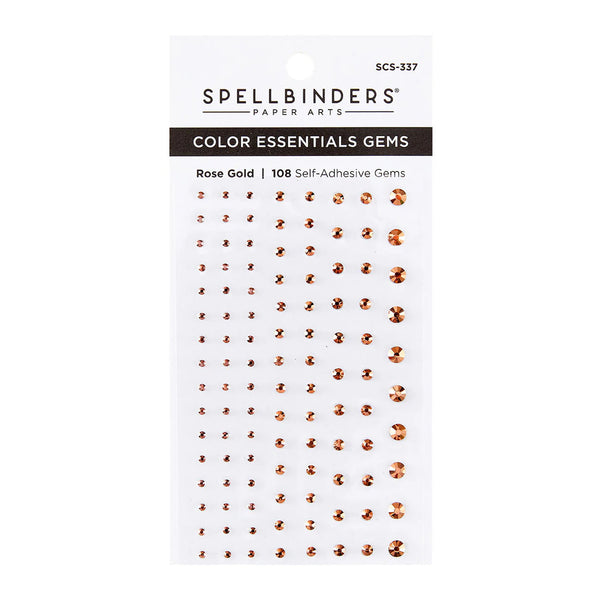 Spellbinders Paper Arts Color Essentials Gems in Rose Gold, containing 108 self-adhesive rose gold gems on a white backing card.