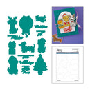 Teal Christmas-themed die-cut metal cutting dies displayed on a white background, alongside a sample card featuring a dog and cat wearing Santa hats and a package insert sheet showing the die layout.
