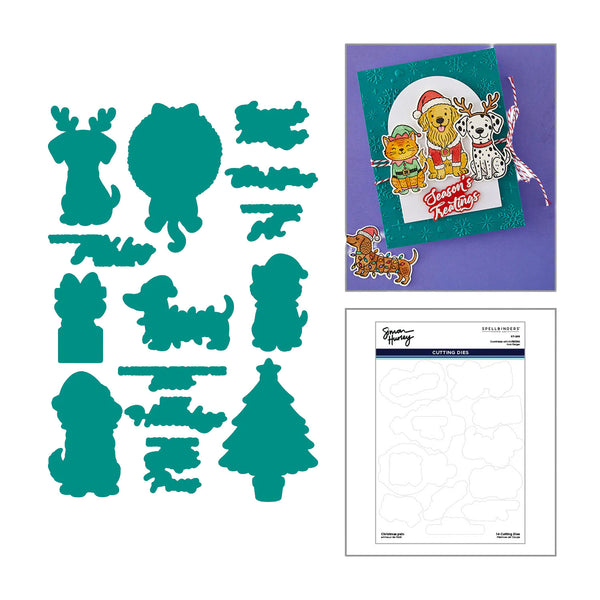 Teal Christmas-themed die-cut metal cutting dies displayed on a white background, alongside a sample card featuring a dog and cat wearing Santa hats and a package insert sheet showing the die layout.