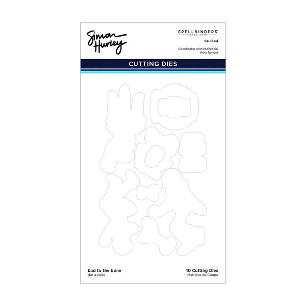 Spellbinders by Tim Holtz 'bad to the bone' 10 cutting dies on a white card with product details and brand logo.