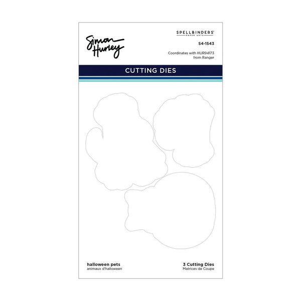 Spellbinders by Tim Holtz Halloween Pets 3 Cutting Dies package, featuring three pet-shaped die outlines on a white card with navy and teal branding.