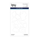 Spellbinders by Tim Holtz 'How Pocus' 12 cutting dies sheet, featuring 12 distinct die-cut shapes outlined in gray on a white card with blue and black branding.