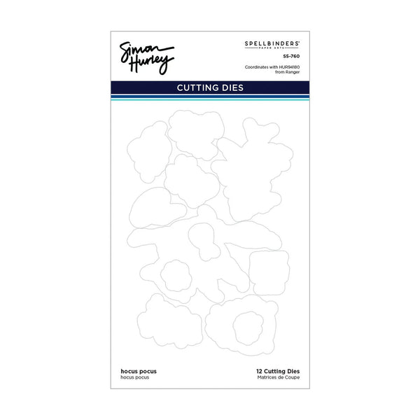 Spellbinders by Tim Holtz 'How Pocus' 12 cutting dies sheet, featuring 12 distinct die-cut shapes outlined in gray on a white card with blue and black branding.