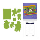 A craft die set shown on a white background, including olive green die-cut silhouette shapes, a sample card with colorful layered paper and cartoon characters, and a package insert sheet. The brand name 'Sizzlin' Stampin'' is visible on the insert.