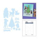 Holiday-themed die-cut sticker set shown with a sample card on a purple background, a sheet of light blue die-cut shapes on the left, and the product packaging at the bottom right. The designs include penguins, a Christmas tree, Santa Claus, reindeer, and snowflakes.