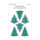 Spellbinders Paper Arts Christmas Trees Acetate Embellishments sheet, featuring six different teal Christmas tree designs with gold and red ornaments on a white backing card.