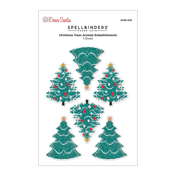 Spellbinders Paper Arts Christmas Trees Acetate Embellishments sheet, featuring six different teal Christmas tree designs with gold and red ornaments on a white backing card.