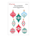 Spellbinders Paper Arts 'Ornaments Acetate Embellishments' sheet by Dear Santa, featuring eight retro Christmas ornament designs in red, teal, light blue, and white on a white backing card.