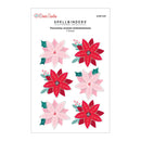 A sheet of Spellbinders Paper Arts Poinsettias Acetate Embellishments by Dear Santa, featuring six layered poinsettia designs in shades of red, pink, and teal on a white backing card.