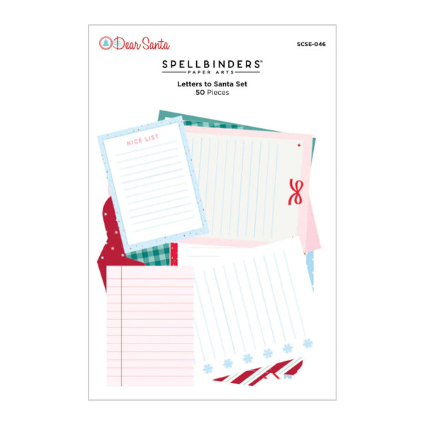 Spellbinders Paper Arts 'Letters to Santa' set, 50 pieces, featuring various pastel lined and blank letter templates with red bows and holiday patterns on a white background.