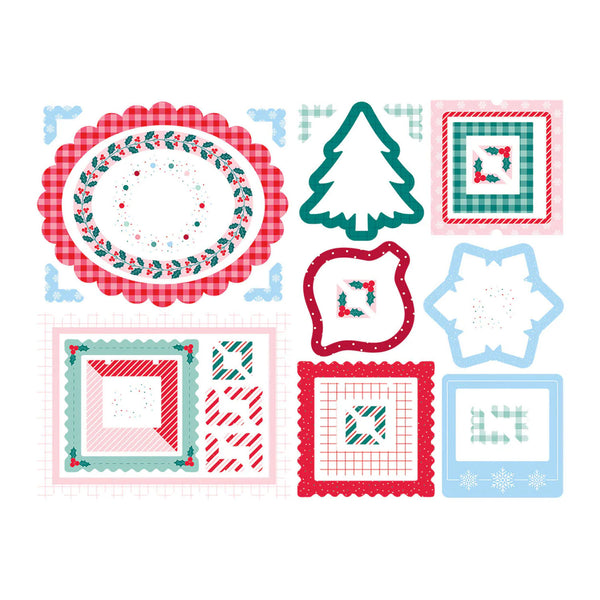 A set of Christmas-themed decorative frames and borders in red, green, blue, and white, arranged on a plain white background.