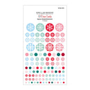 Spellbinders Duo Starta 4 Color Starta Epoxy Embellishments sheet featuring various round snowflake and dot stickers in light blue, mint green, red, and pink, displayed on a clean white background.