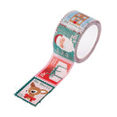 A roll of Christmas-themed washi tape with a strip unrolled, featuring festive postage stamp designs with Santa Claus, a reindeer, a gift box, and holiday text on a white background.