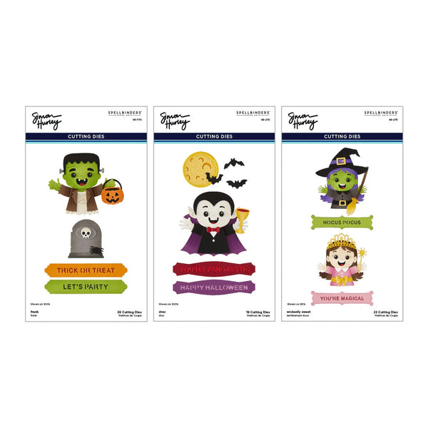 Three Spellery 'Cutting Dies' product cards arranged side by side on a white background, featuring Halloween-themed cartoon characters and text elements like Frankenstein, vampire, witch, and Mickey Mouse.