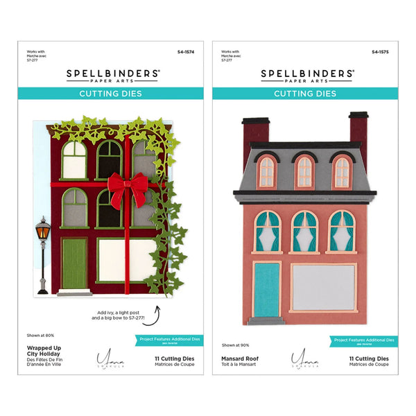 Two Spellbinders Paper Cutting Dies packages shown side by side on a white background. The left package is 'Wrapped Up City Holiday' and shows a decorated red and green house with a large red bow and green ivy.