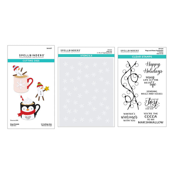 Three Spellbinders 'Mug and Cocoa' craft paper sheets shown on a white background: cutting dies with penguin and mug illustrations, a sheet of white snowflake stencils, and clear stamps with holiday phrases and swirl designs.