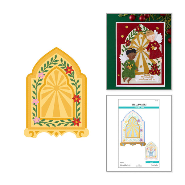 A holiday-themed craft kit or card design set shown on a white background: a large arched yellow ornament-like panel with green leafy vines and red/pink flowers, a decorated greeting card with two children and festive graphics, and a printed sheet with the same design and small text.