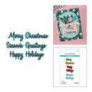 A holiday greeting collage on a white background with teal script text reading 'Merry Christmas Season's Greetings Happy Holidays' and two product photos: a handmade Christmas card with floral artwork and a Spellbinders Collection 'Merry Christmas Happy Holidays Season's Greetings' sticker sheet.