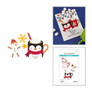 A collage showing a holiday-themed craft or sticker design: a penguin in a red scarf beside a mug of cocoa with whipped cream and marshmallow, plus two package-style preview panels with the text 'Cocoa the Penguin' and 'Spellbinders'.
