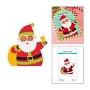 A Christmas-themed craft or sticker design featuring a cartoon Santa Claus with a red hat, white beard, black and red outfit, yellow sack, and round glasses. The main Santa illustration appears on the left, while two smaller panels on the right show the design applied to a card and as a printed sheet labeled Spellbinders.