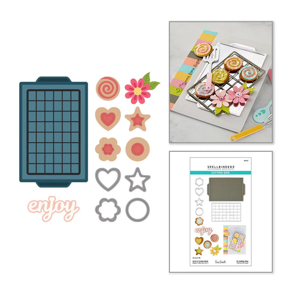 Collection of cookie cutters and baking tools with a 'enjoy' sign on a white background