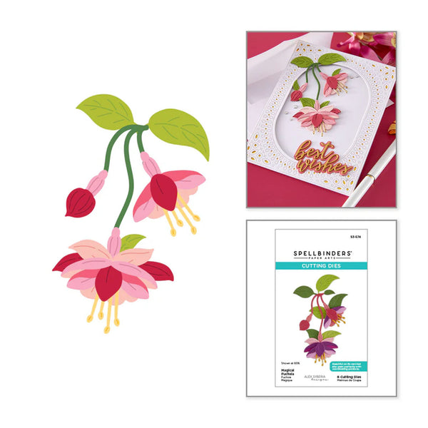 Floral cutting dies with packaging and a card featuring the design on a white background.