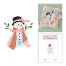 A collage showing a snowman craft design: a large flat illustration on the left, a finished layered card with a snowman and flowers on the top right, and a package of die-cutting dies on the bottom right.