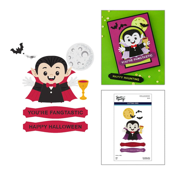 Halloween-themed craft kit contents shown on a white background: a vampire die-cut design with bat, moon, and text banners, a green greeting card featuring a vampire illustration, and a packaging sheet for a Grimm Fairy Stamp set.