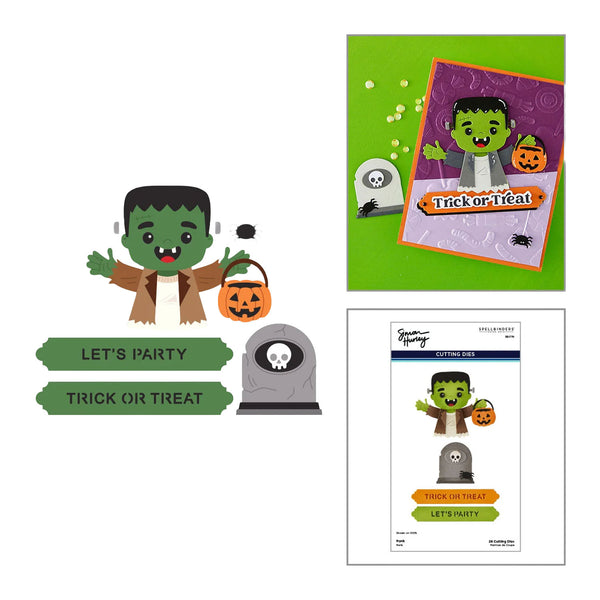 Halloween-themed crafting kit shown on a white background, including a monster character sticker, green text banners reading 'LET'S PARTY' and 'TRICK OR TREAT', a gray tombstone, and a printed card template with a purple monster illustration and orange 'Trick or Treat' banner. A sheet of cut files is also shown in the lower right.